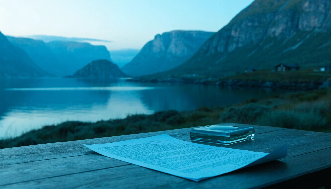 Norsk fjordlandskap ved skumring med offentlig stempel og dokument på skrivebord